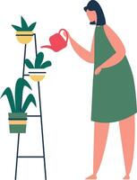 Young woman in a green dress nurturing houseplants on a metal rack, using a pink watering can to care for her indoor garden, creating a vibrant and relaxing home atmosphere vector