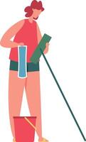 Cleaning service worker preparing cleaning tools for washing windows and other surfaces, holding a rag and a glass wiper with a bucket at her feet vector
