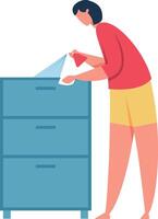 Housekeeper spraying disinfectant on furniture while wiping surfaces with a cloth, maintaining cleanliness and hygiene in both home and office environments for optimal health and safety vector