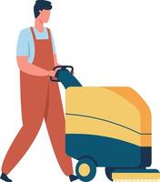 Cleaning service worker using scrubber drier machine pushing cleaning cart with brush and bucket cleaning floor in office building cleaning company concept vector