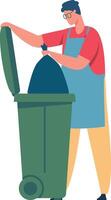 Janitor wearing an apron is throwing a garbage bag into a large green wheeled bin, emphasizing the importance of waste management and recycling for a cleaner environment vector