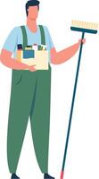 Professional cleaning service worker wearing a uniform, holding a box filled with various cleaning products and a broom, is prepared to tackle cleaning tasks with efficiency vector