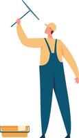 Professional window cleaner in blue overalls and a yellow shirt, meticulously washing windows with a squeegee and bucket, highlighting the importance of cleanliness in service industry work vector