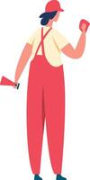 Female gas station worker wearing red overalls and cap cleaning windshield with spray bottle and cloth, seen from behind, full length portrait on white background vector