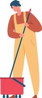 Cleaning service worker dressed in uniform and apron, holding a mop while standing next to a wheeled bucket, prepared to efficiently clean the floor indoors vector