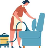 Professional cleaning service worker wearing a uniform and apron, expertly vacuuming an armchair in a tidy office or home, ensuring hygiene and cleanliness while removing dust and dirt vector