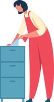 Office worker wearing an apron cleaning a filing cabinet with a microfiber cloth, performing routine chores for a clean and organized workspace vector