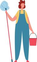 Professional cleaning service worker holding a mop and bucket, dressed in a uniform, preparing to tackle household chores and ensure a spotless and hygienic home environment vector