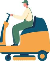 Cleaning staff member operating a professional floor scrubber while wearing a uniform and cap, ensuring hygiene and disinfection of public place floors, illustration vector