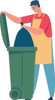 Janitor wearing an apron and glasses tossing a full garbage bag into a wheeled bin, emphasizing waste management and recycling efforts while promoting cleanliness and hygiene vector