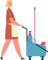 Cleaning lady walking while pushing a cart filled with various cleaning supplies, including cleaning products, a mop, and a sponge, showcasing dedication to maintaining hygiene and cleanliness vector