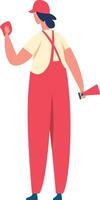 Cleaning lady dressed in vibrant red overalls, holding a rag and spray bottle, preparing to begin cleaning, viewed from behind against a crisp white background vector