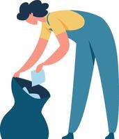 Professional cleaning service worker collecting trash in a garbage bag, waste sorting and recycling concept, illustration in flat cartoon style vector