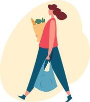 Happy customer is walking home after shopping for groceries at the local market, carrying fresh vegetables and bread in a paper bag and a reusable shopping bag vector