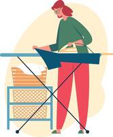 Young woman ironing clothes on an ironing board, surrounded by a basket of freshly laundered linen, engaging in routine housework and maintaining a tidy home environment vector