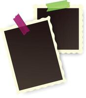 Two empty vintage photo frames with scalloped edges, attached with colorful adhesive tape to a white background, create a nostalgic backdrop, ready to showcase cherished moments vector
