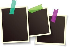Three blank retro instant photos with colorful adhesive tapes creating a vintage and nostalgic mood, ideal for showcasing memories or designs vector
