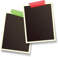 Two blank retro style instant photos with colorful adhesive tape are creating a vintage mood on a clean white background, perfect for showcasing memories or designs vector
