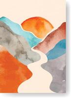 Abstract landscape painting depicting an orange sun rising over a range of colorful watercolor mountains with a creamy river flowing through, creating a serene and artistic scene vector