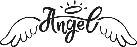 Hand drawn angel wings and a halo soaring gracefully above the elegantly scripted word Angel create a harmonious design, symbolizing spirituality, faith, and hope vector