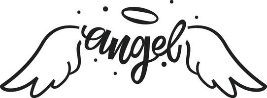 Hand drawn angel wings and halo soaring gracefully alongside handwritten lettering spelling angel, creating a simple yet elegant design that evokes a sense of spirituality and hope vector