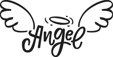 Hand drawn angel wings and a halo gracefully hovering above stylish cursive lettering spelling angel, creating a captivating and symbolic design reflecting spirituality and hope vector