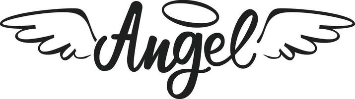 Handwritten lettering forming the word angel, adorned with delicate wings and a halo, embodying themes of spirituality, purity, and a divine presence in a serene design vector