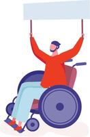 Young activist sitting in a wheelchair, holding a blank banner, advocating for human rights while protesting for greater accessibility and inclusion in society vector