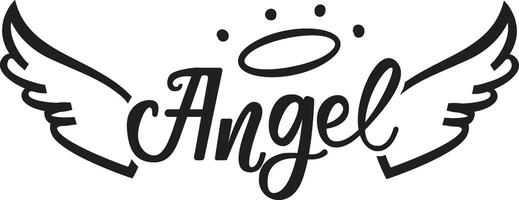 Stylized angel wings and a halo gracefully hovering above the word Angel, creating a captivating representation of divine presence and rich spiritual symbolism vector