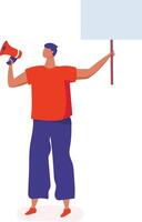 Young man holding blank banner and megaphone is making an announcement at demonstration, political meeting or rally for human rights, freedom of speech and democracy vector