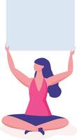 Woman sitting with crossed legs and holding a blank placard above her head, promoting a message or idea, ideal for protests, activism, and social movements vector