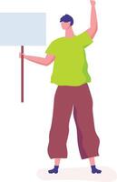 Young activist holding a blank placard and raising a fist at a protest, advocating for human rights and equality while standing strong among a diverse crowd of supporters vector