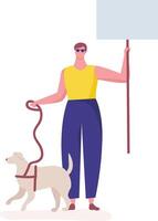 Blind man wearing sunglasses, holding a blank placard while walking with his guide dog, depicted in a colorful flat design illustration on a simple white background vector