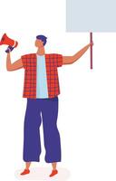 Young man holding blank placard and shouting on megaphone promoting message during demonstration, activist protesting with empty banner at political meeting or rally vector