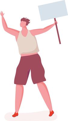 Young man holding a blank banner with empty space for text and waving, actively participating in a demonstration or protest for human rights, political or social issues