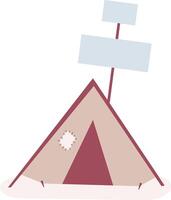 Minimalist illustration featuring a camping tent with two blank signs attached to a pole and a patched hole, set against a clean white background, ideal for outdoor themes vector