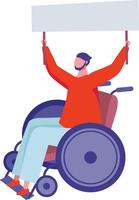 Young man with a beard sitting in a wheelchair, holding a blank banner during a protest, advocating for rights and fighting for equality in society vector