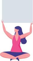 Woman sitting cross legged on the floor, holding a blank sign high above her head, creating an opportunity for messages or designs related to various campaigns and causes vector