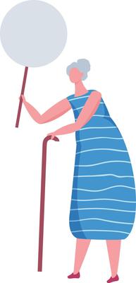 Elderly woman holding a walking stick and a blank sign protesting for her rights, demonstrating for social causes, or advertising something