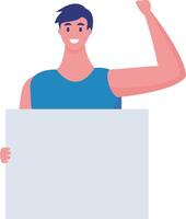 Smiling young athlete holding a blank placard while raising a fist in a powerful protest or demonstration advocating for equal rights and freedom of speech vector