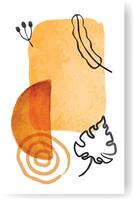 Orange watercolor washes blending with hand drawn botanical elements and geometric shapes create an engaging abstract composition, adding a contemporary touch to design projects vector