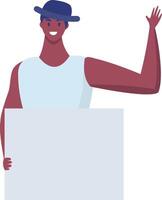 Young man wearing a hat, waving hand enthusiastically while holding a blank placard, perfect for promoting messages in a friendly and cheerful manner vector