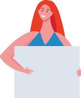 Smiling redhead woman holding blank placard with space for text, showing empty board for advertising, marketing or campaigning, illustration vector
