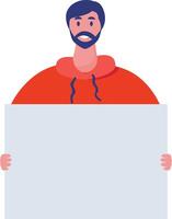Bearded man wearing a vibrant red hoodie, holding a blank placard with ample copy space, perfect for various advertising campaigns and announcements or for expressing opinions vector