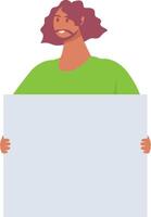 Young man with curly hair and beard is holding blank banner and participating in picket, fighting for human rights, taking part in parade, supporting social movement vector