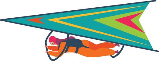 Hang glider pilot soaring through the sky, skillfully controlling the glider with hands, dressed in a vibrant orange suit and helmet, embracing the thrill of extreme sports vector