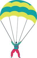 Skydiver is flying with open parachute, performing extreme sports and enjoying jump from airplane in sky, professional parachutist training, hobby and leisure activity vector