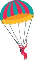 Skydiver wearing red protective suit and helmet flying with colorful parachute after jumping out of plane, extreme hobby and leisure activity, dangerous sports concept vector
