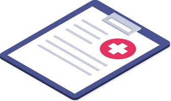 Isometric clipboard showing rejected healthcare document with red cross symbol, representing denied medical insurance or failed health check vector