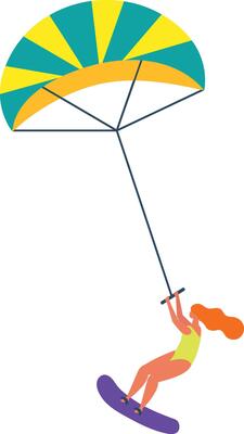 Kitesurfer holding bar and riding kiteboard, enjoying summer water sport activity, active lifestyle and hobby concept, colorful illustration on white background